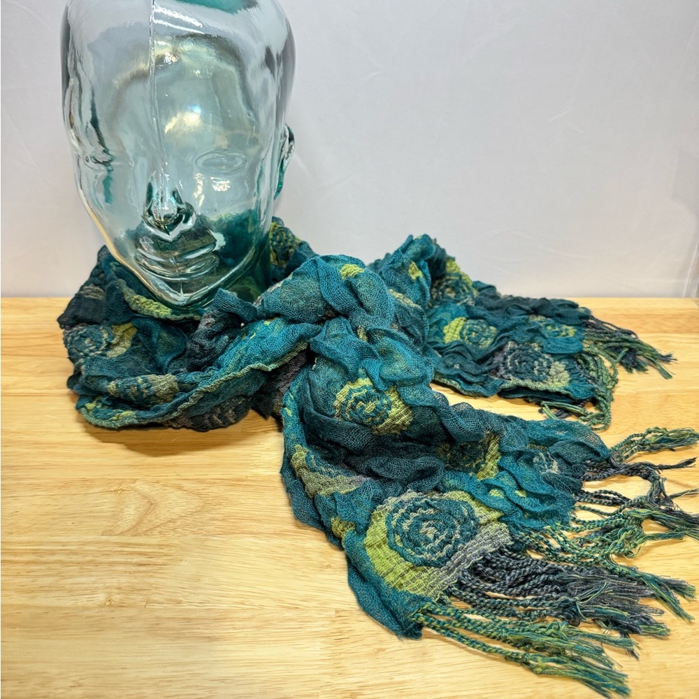 Unique Floral Scarf in Blues & Greens, Textured Flowers with Fringe - Picture 9 of 12